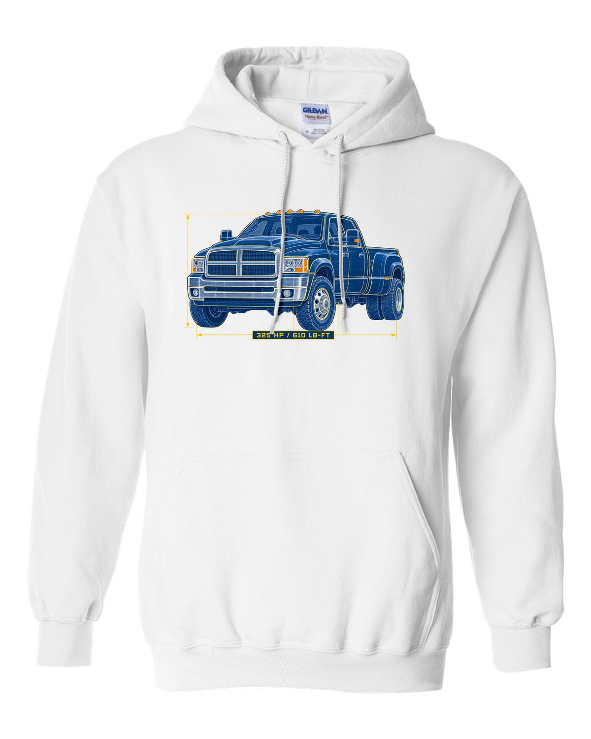 Cyanotype blueprint of a 2003-2009 Dodge Ram 3rd gen 5.9 HO with 325 HP and 610 LB-FT lettering white pull over hoodie front view with the design