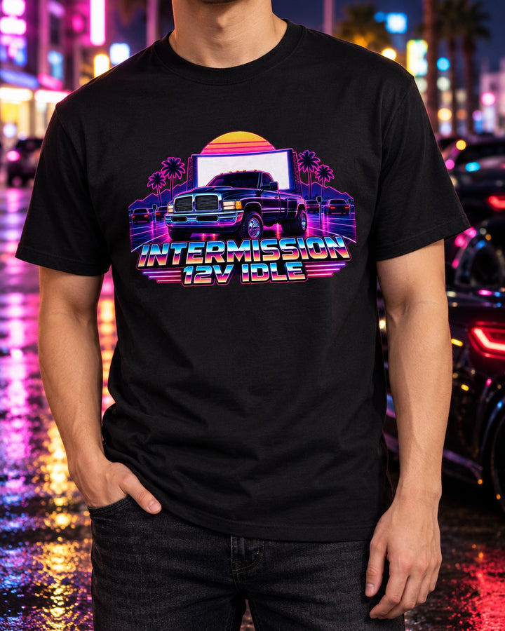 Dodge Ram 2nd Gen 12V Drive-In Synthwave Intermission Shirt T-Shirt Black worn hero