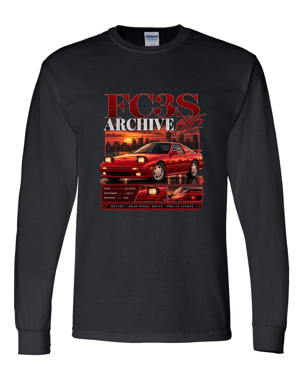 Archive panel print of a Mazda RX-7 FC3S with 13B rotary specs black long sleeve front view with the design