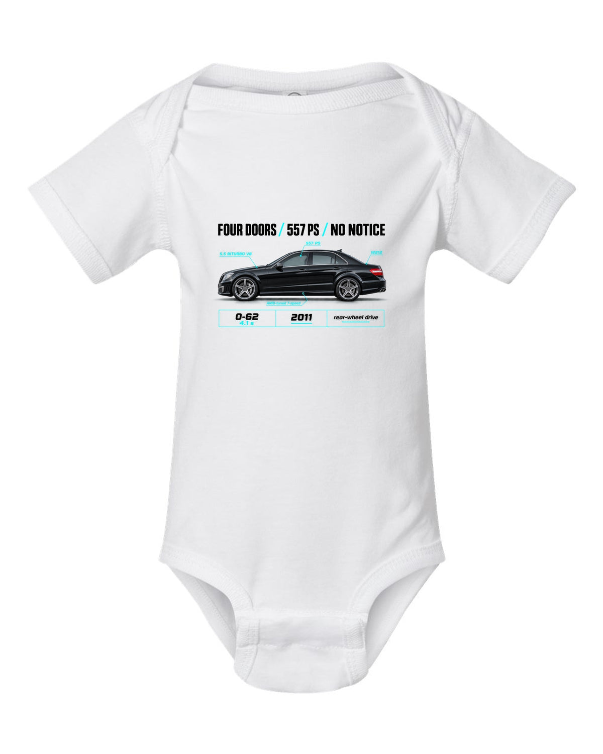 print spec poster of a 2011 Mercedes E63 AMG W212 sedan with text Four Doors 557 PS No Notice white baby onesie front view with the design