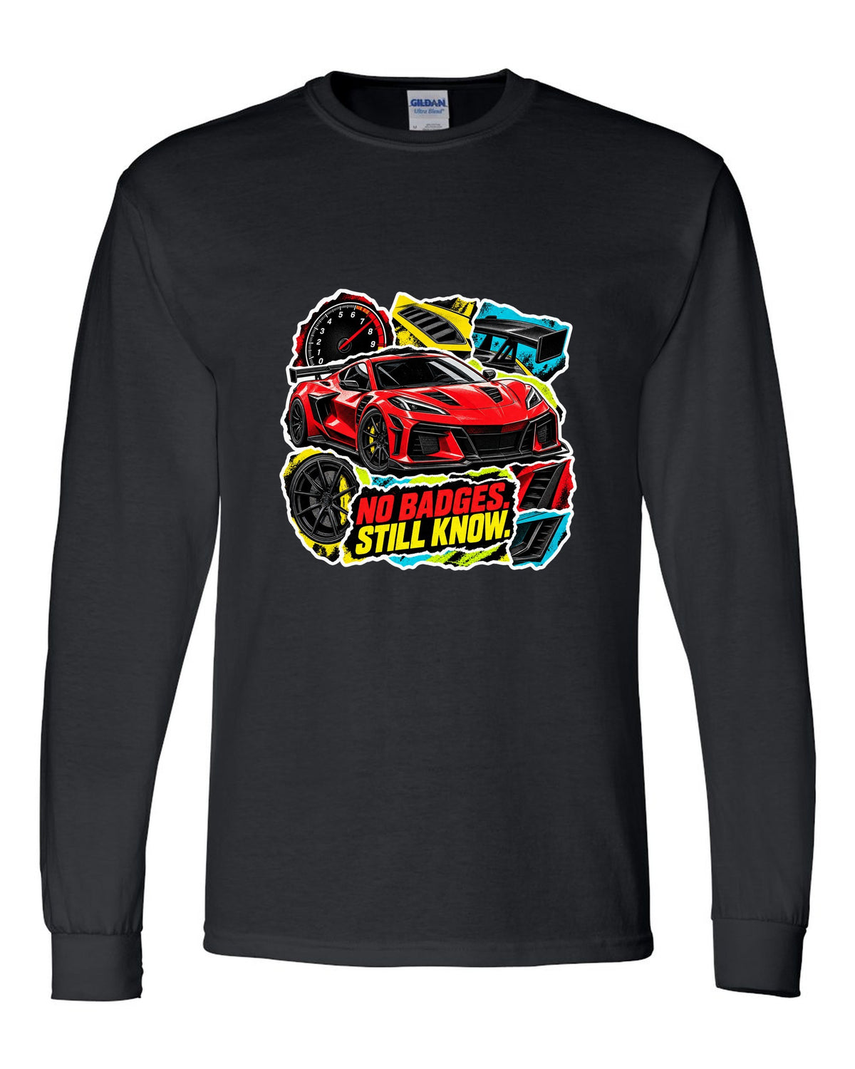 Sticker-bomb collage print of a 2025 Chevrolet Corvette C8 ZR1 with fender vents and rear wing black long sleeve front view with the design