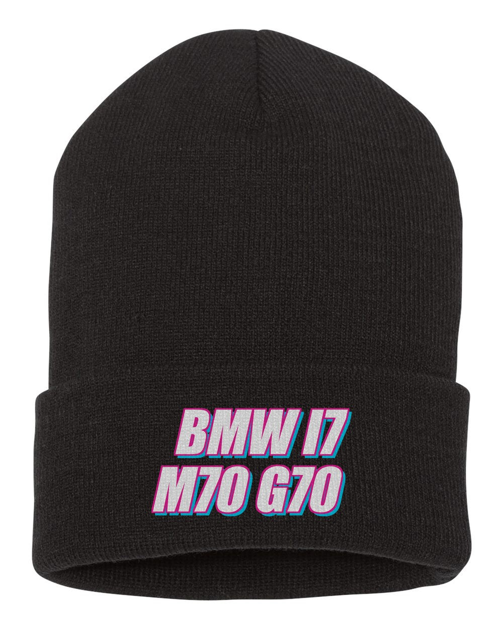 Bmw I7 M70 G70 black beanie front view with car name