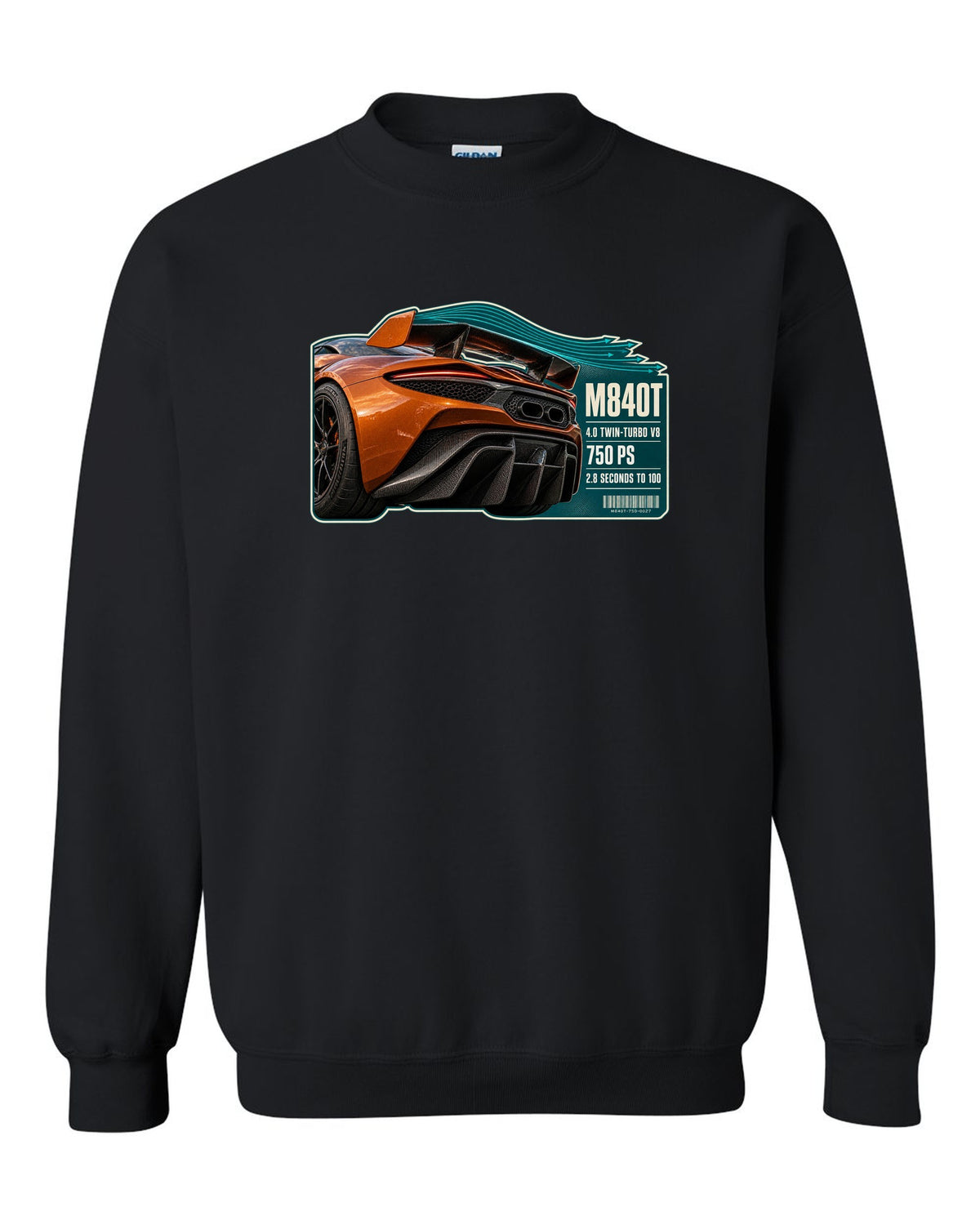 print taillight close-up of a McLaren 750S in burnt orange black crewneck front view with the design