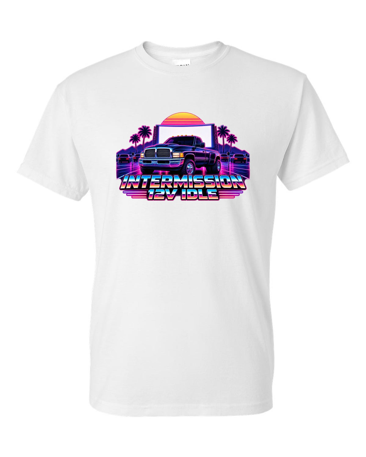 Neon synthwave grid print of a 1994-1998 Dodge Ram 2nd gen 12V with intermission 12V idle text white t-shirt front view with the design