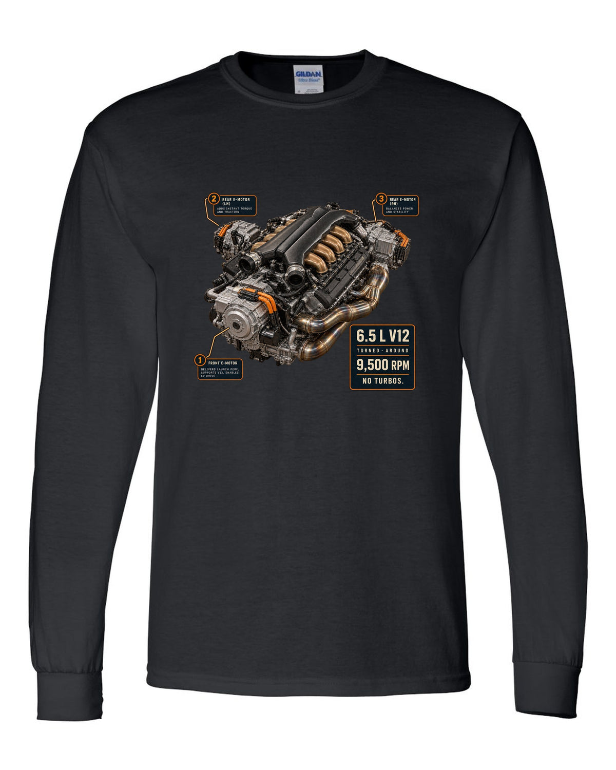 Engine hero print of the Lamborghini Revuelto L545 V12 black long sleeve front view with the design