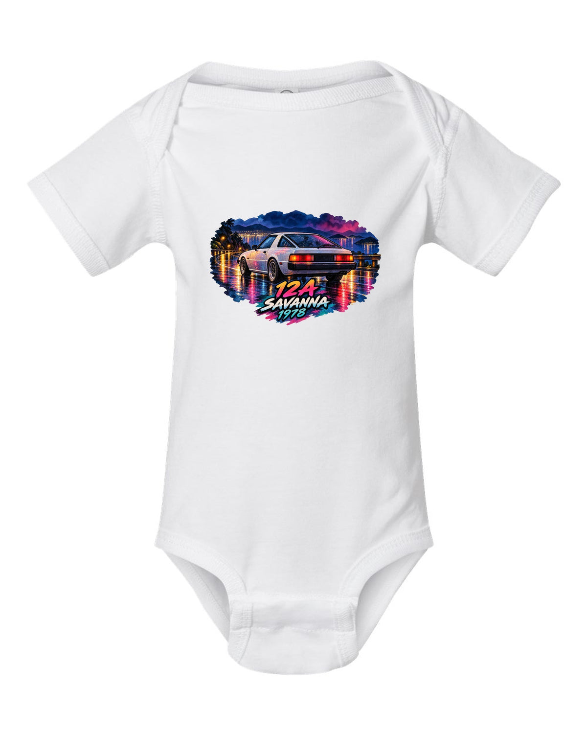 Watercolour wet road night print of a Mazda Savanna RX-7 SA22C with text 12A, Savanna, 1978 white baby onesie front view with the design