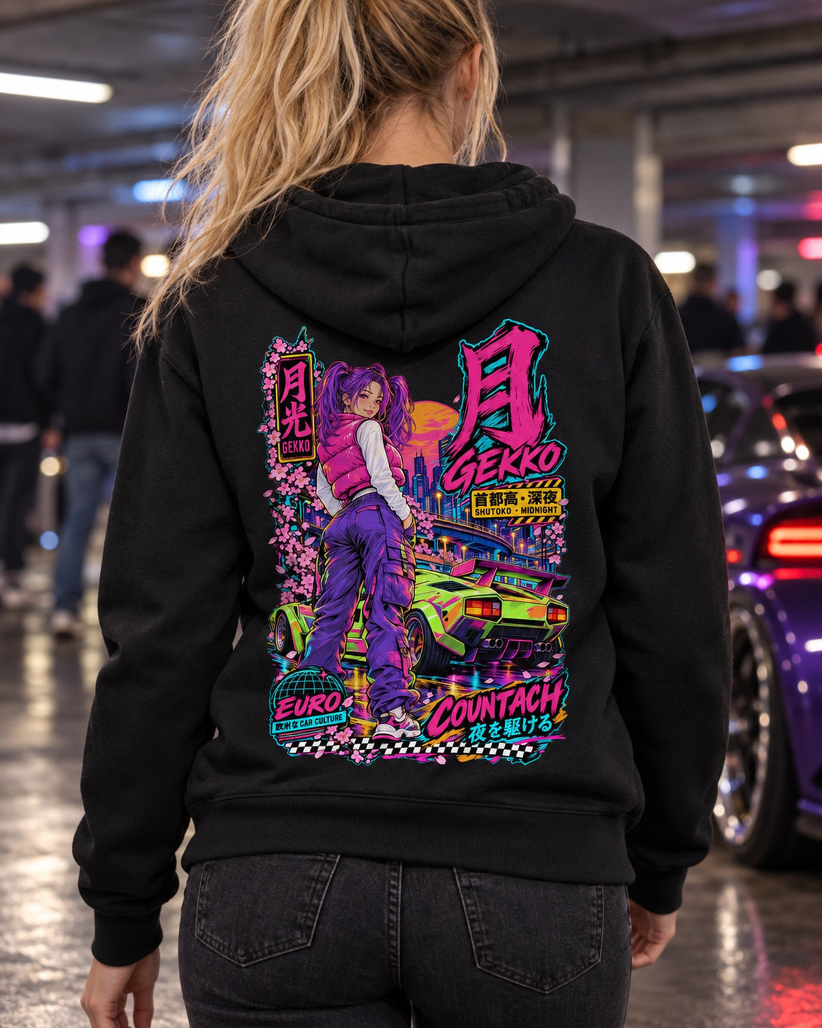 GEKKO COUNTACH Anime Girl Full-Back Graphic Tee Zip Hoodie Black worn hero