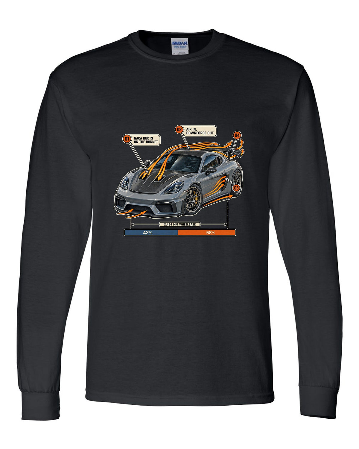 Airflow callout print of a Porsche 718 Cayman GT4 RS Weissach package black long sleeve front view with the design