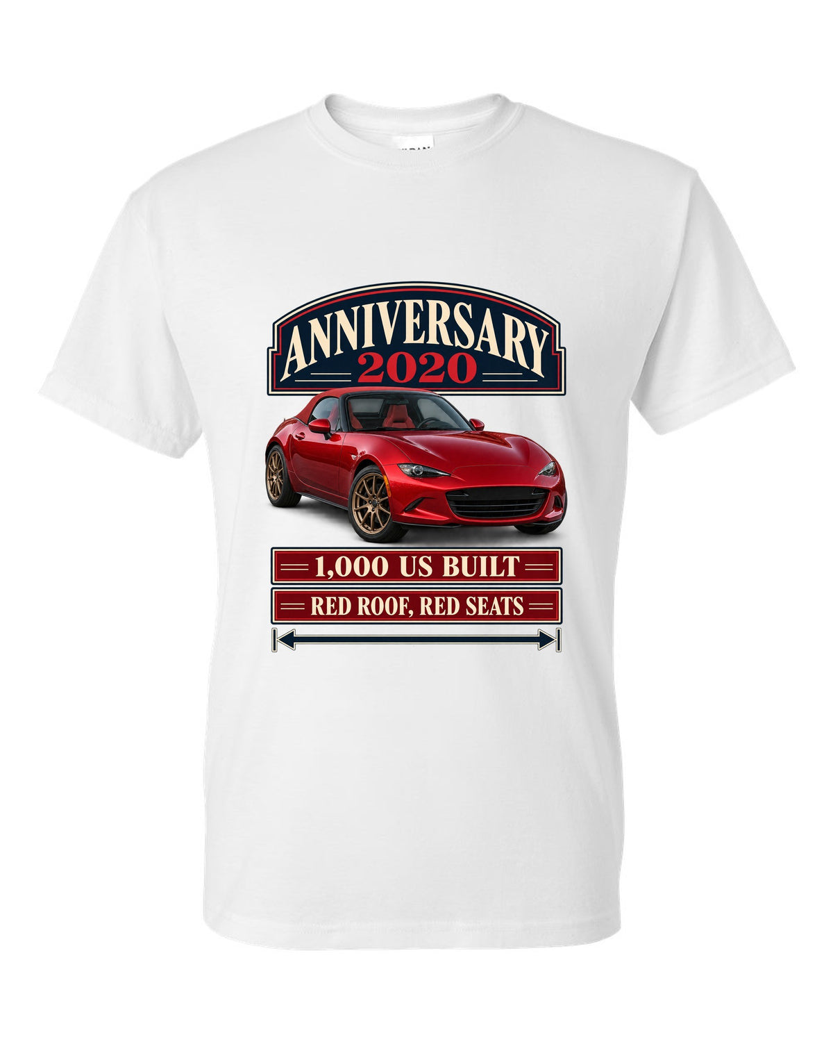 Archive panel layout of a 2020 Mazda MX-5 ND 100th Anniversary Edition with red roof and seats white t-shirt front view with the design