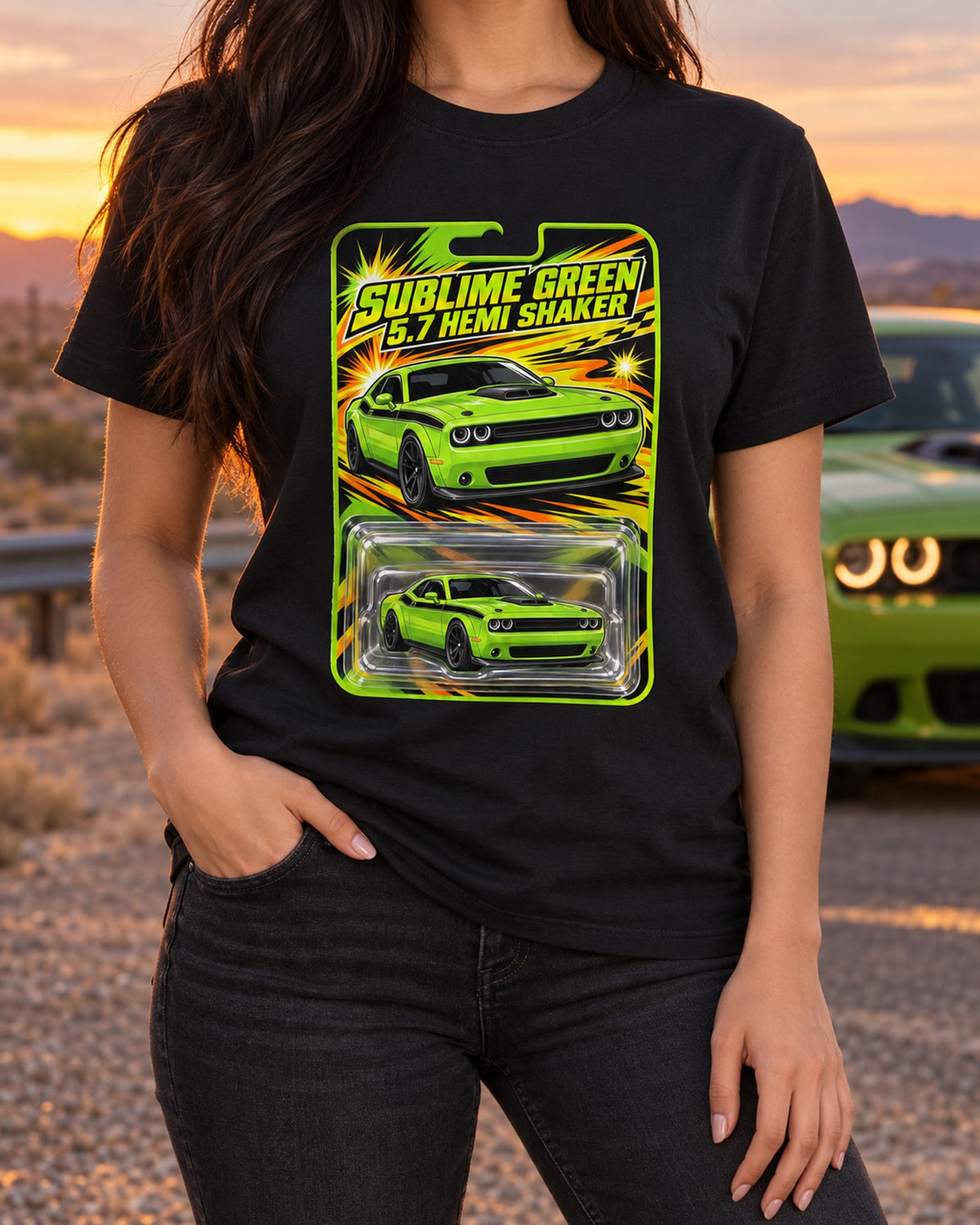 Dodge Challenger R/T Shaker Toy Card Shirt, Sublime Green T-Shirt Black worn hero