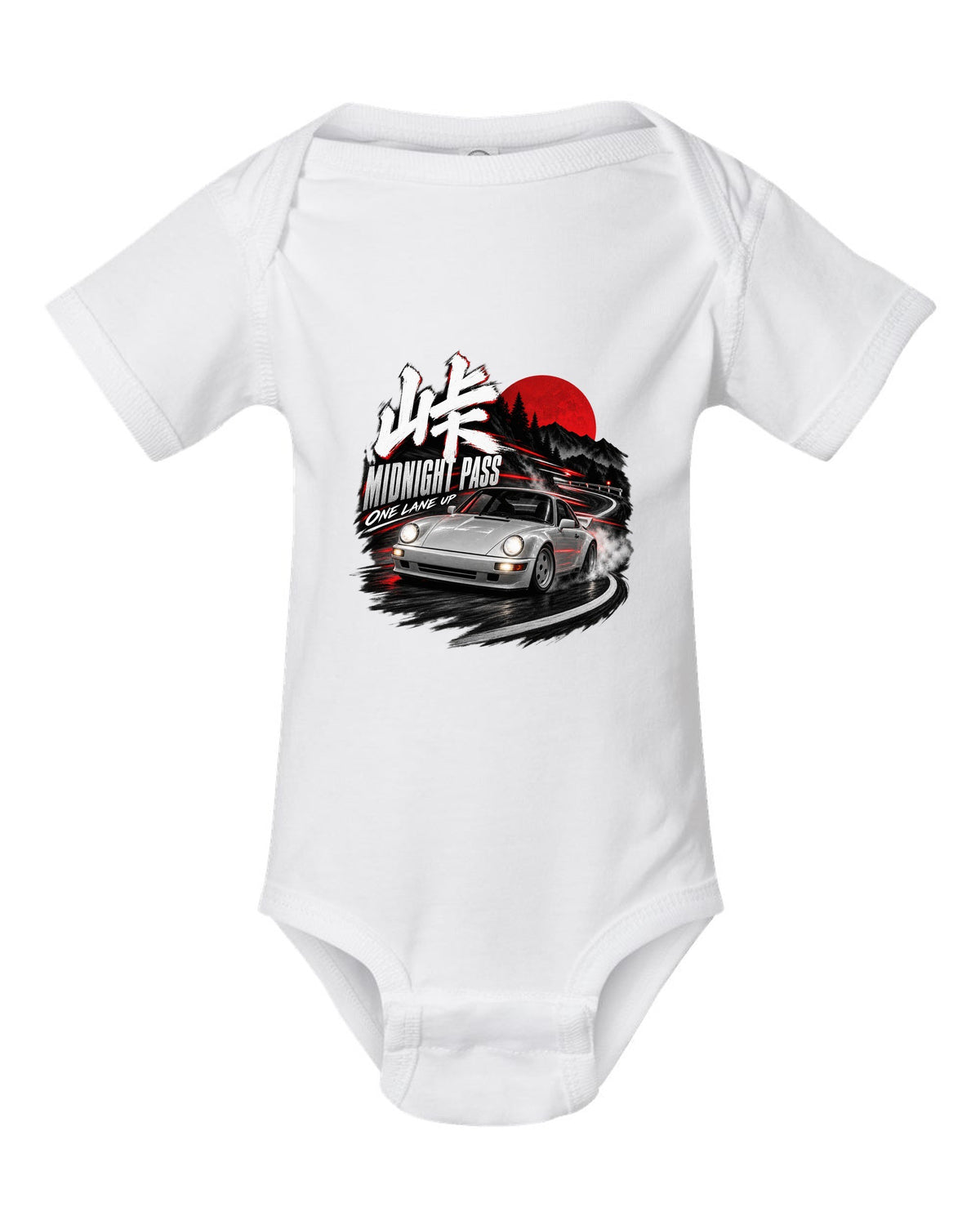 Touge night print of an outlaw-style Porsche 911 Carrera 4 964 on a mountain pass white baby onesie front view with the design