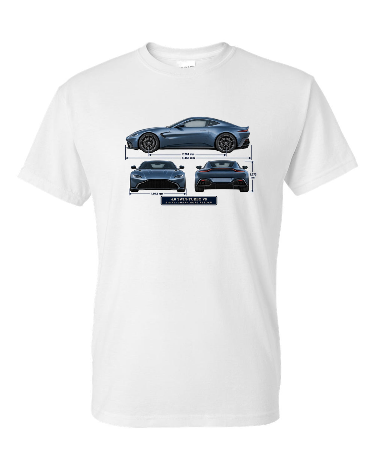 Aston Martin Vantage 2018 three-view print with 4.0 twin-turbo V8 510 PS spec table white t-shirt front view with the design