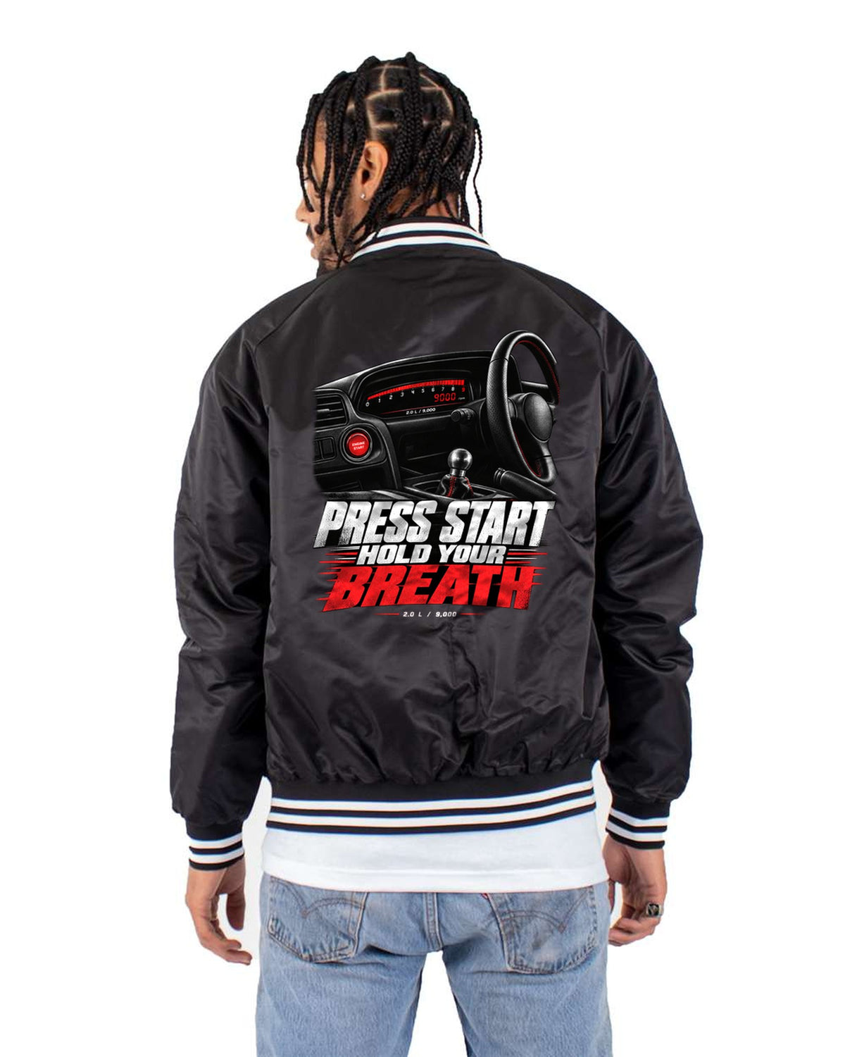 Honda S2000 AP1 Press Start Cockpit Gauge Tee, Car Guy Gift Bomber Jacket Black back