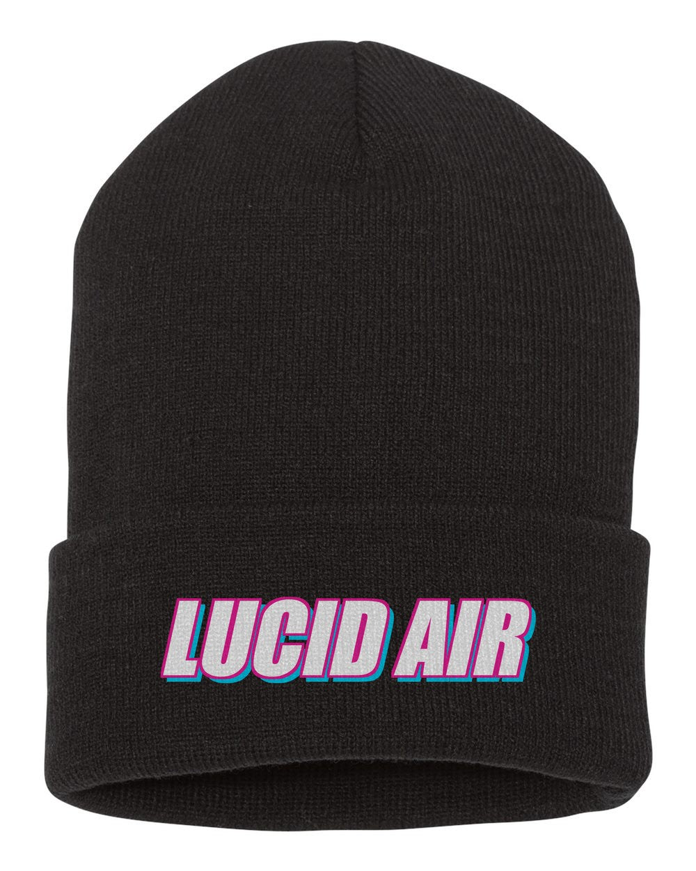 Lucid Air black beanie front view with car name
