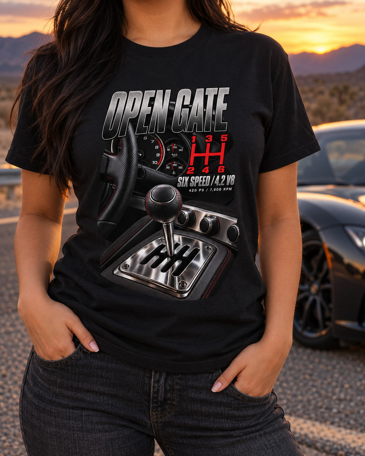 Audi R8 V8 Open Gate Shifter print Tee, Car Guy Gift T-Shirt Black worn hero