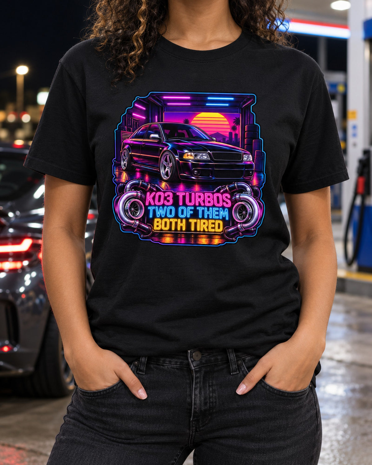 Audi S4 B5 Biturbo Synthwave Shirt, Tired K03 Turbos Tee T-Shirt Black worn hero