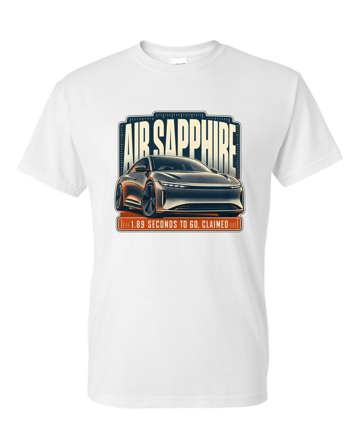 Halftone print of a Lucid Air Sapphire with 1.89 second 0-60 claim white t-shirt front view with the design