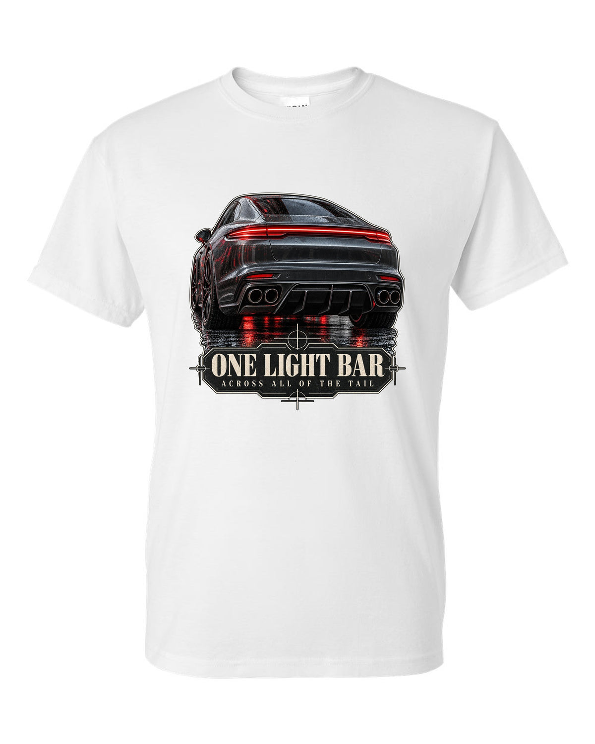 Close crop print of the full-width taillight bar on a Porsche Panamera Turbo S E-Hybrid G3 white t-shirt front view with the design