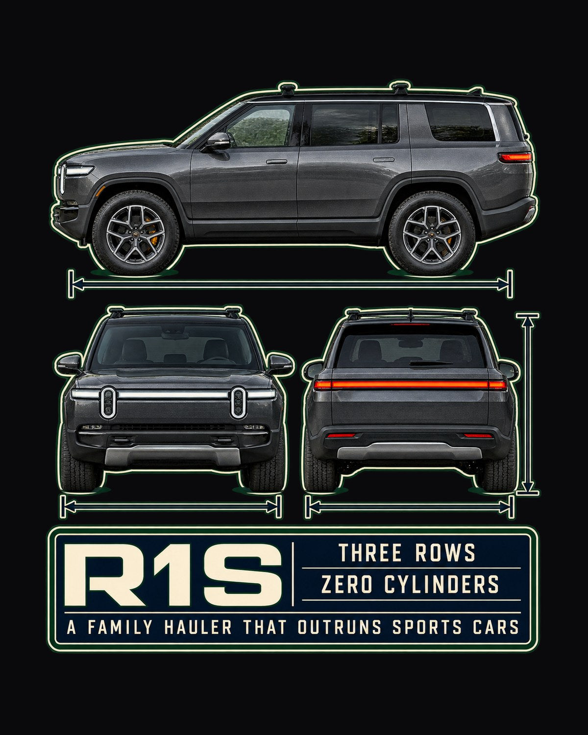 Rivian R1S Three-Row Three-View Shirt, Electric SUV Car Guy Gift design only