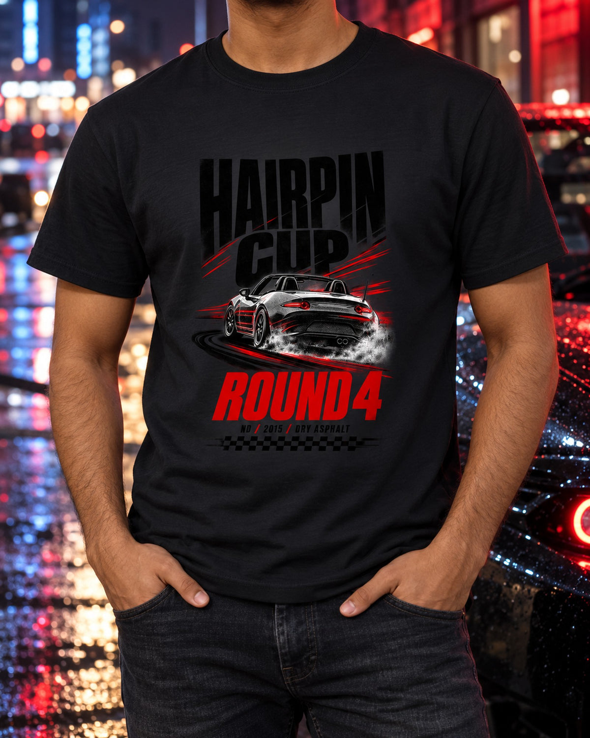 Mazda MX-5 ND Hairpin Cup Round 4 Race Poster Tee T-Shirt Black worn hero