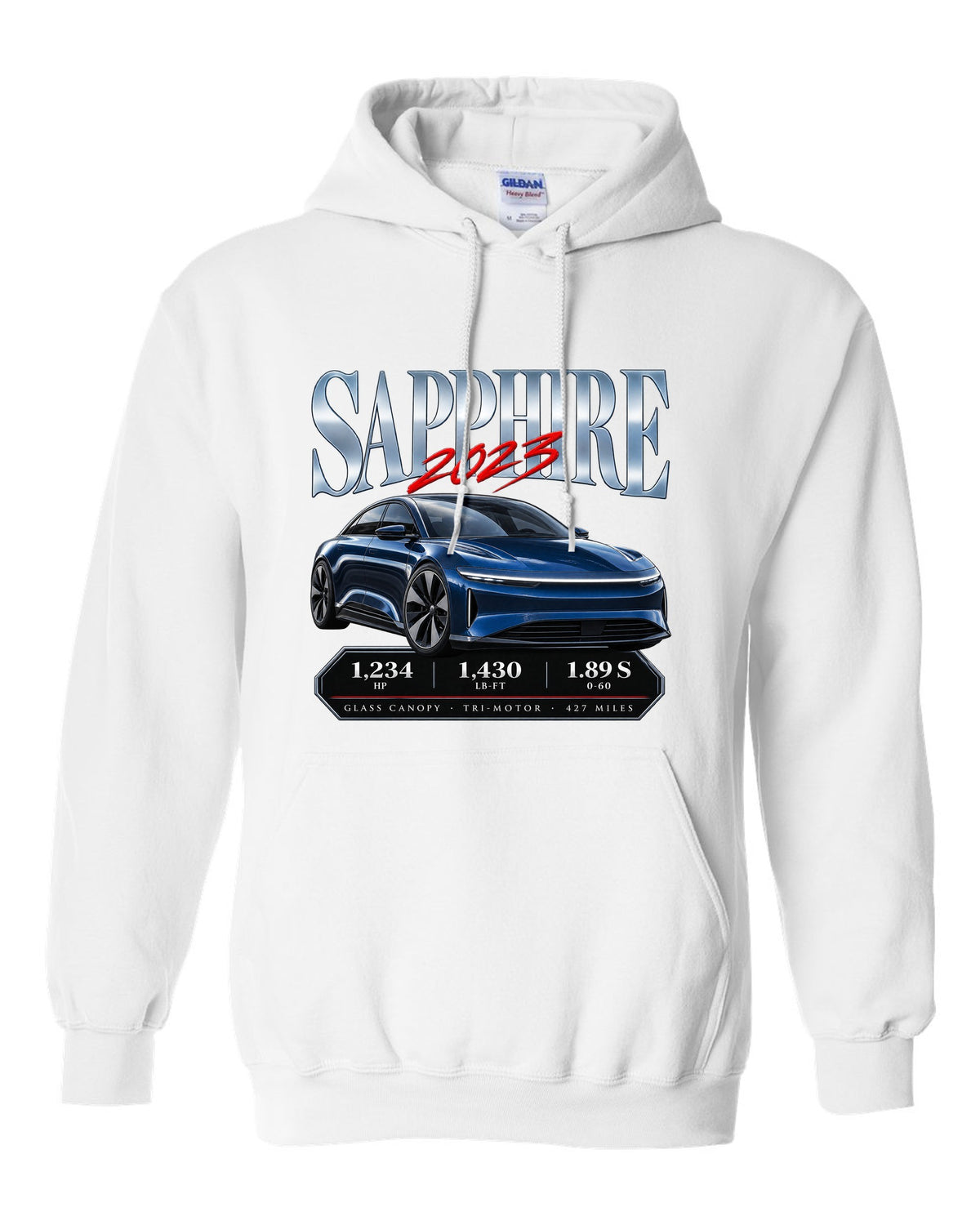 Archive panel print of a 2023 Lucid Air Sapphire with horsepower and range figures white pull over hoodie front view with the design