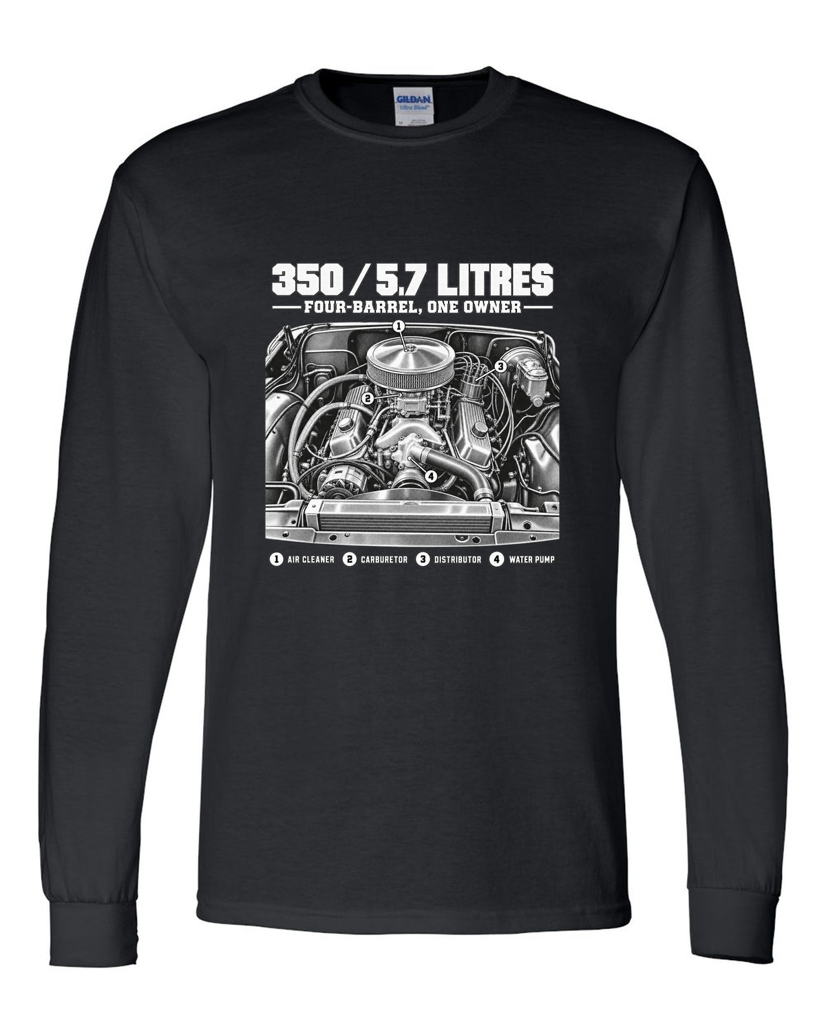 Squarebody C10 350 small block engine diagram with callouts, print black long sleeve front view with the design