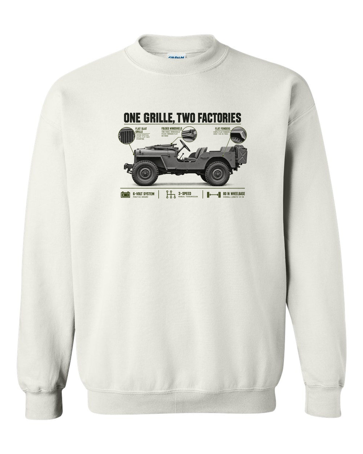 Spec poster print for the Willys MB and Ford GPW, 1941-1945 white crewneck front view with the design
