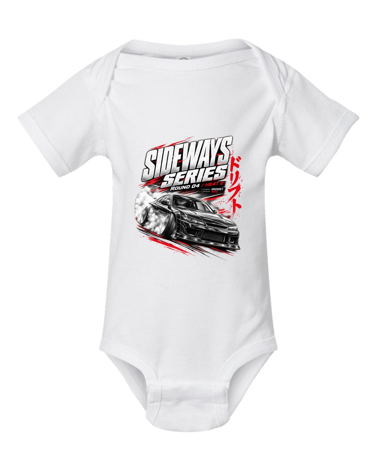 Race poster print of a Nissan Silvia S15 with Sideways Series Round 04 lettering white baby onesie front view with the design