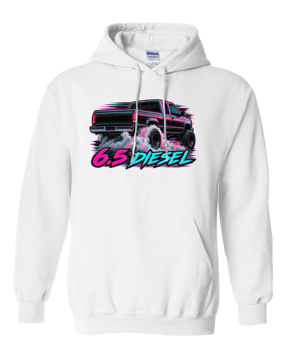 VHS glitch burnout print of a 1988-1998 Chevrolet GMT400 C2500 with 6.5 Diesel text white pull over hoodie front view with the design
