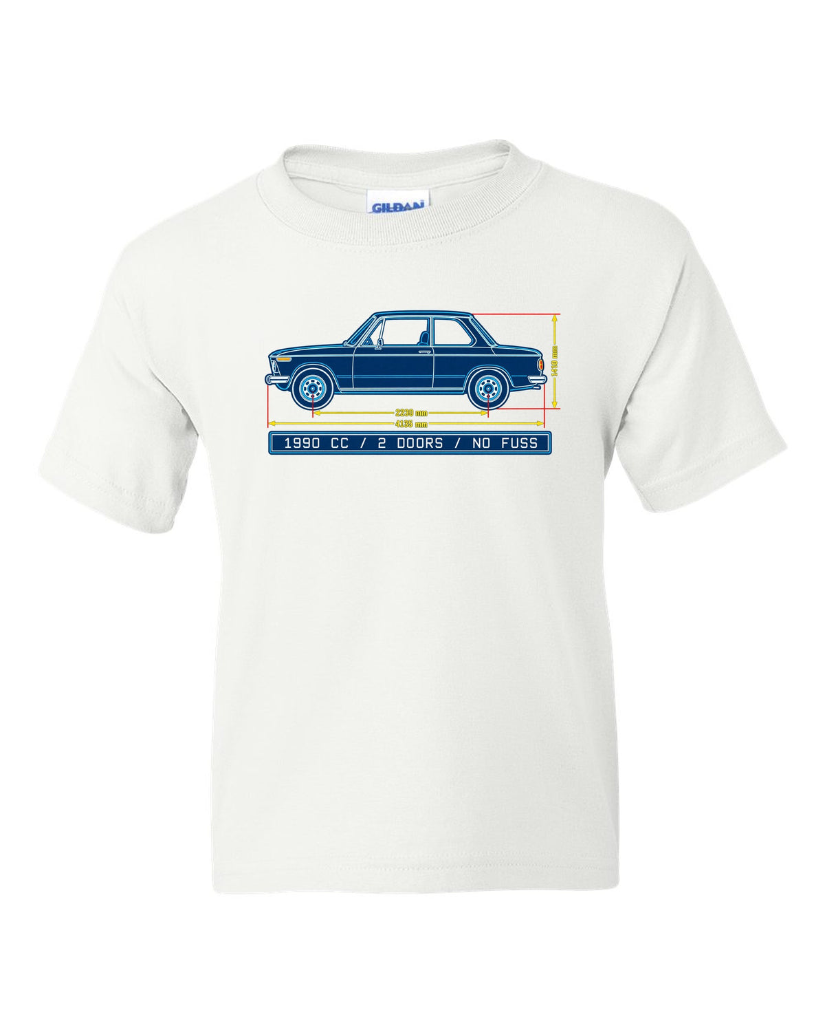 BMW 2002 turbo flared arch linocut woodcut print with 1,672 built text white kids tee front view with the design