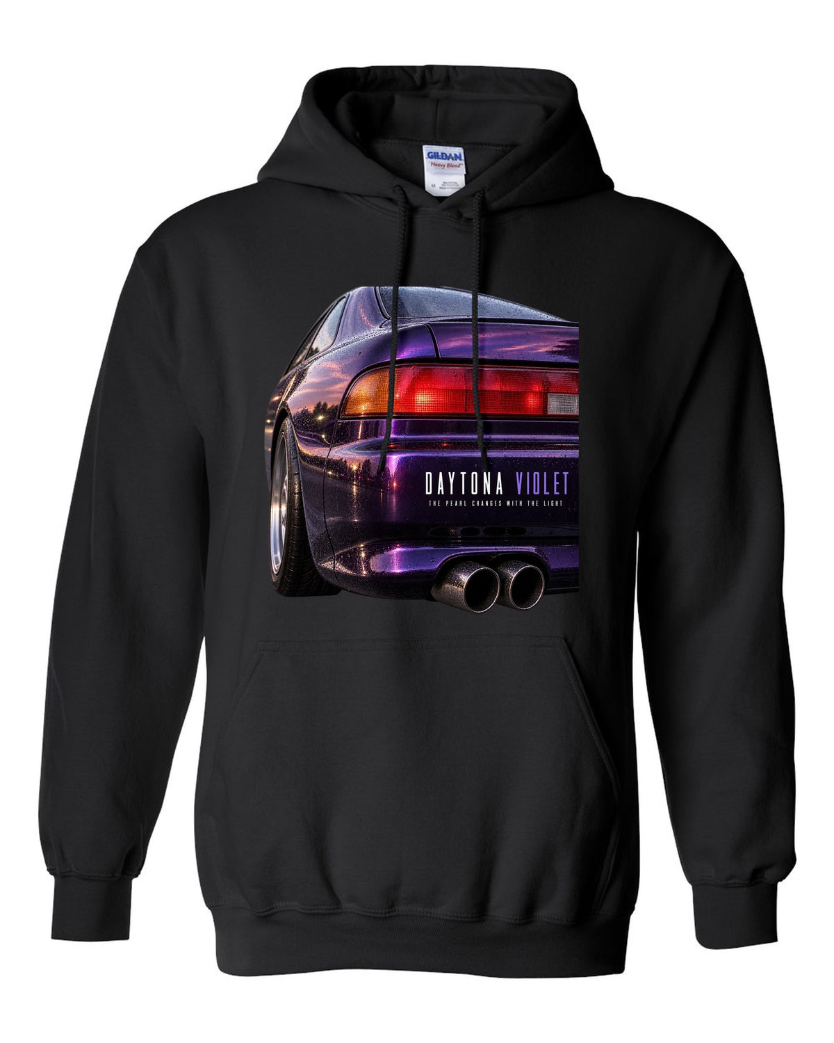 BMW E36 M3 coupe taillight macro print with Daytona Violet pearl paint text black pull over hoodie front view with the design