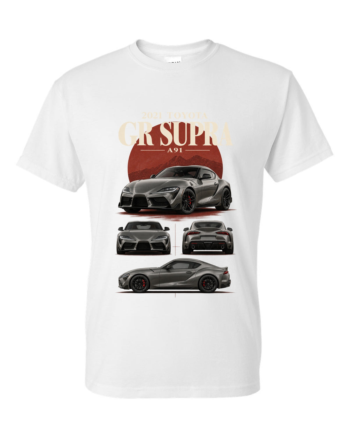 Graphite halftone front three-quarter of the Toyota GR Supra A90 with Made in Graz text white t-shirt front view with the design