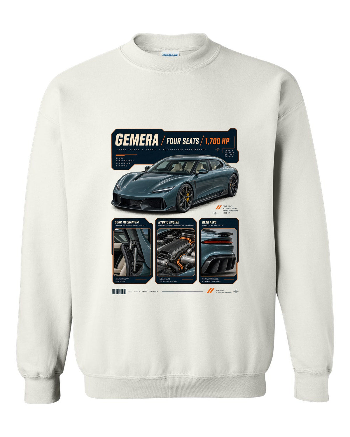 Dossier panel print of the Koenigsegg Gemera with the text Gemera, Mega-GT, four seats, 2020 reveal white crewneck front view with the design