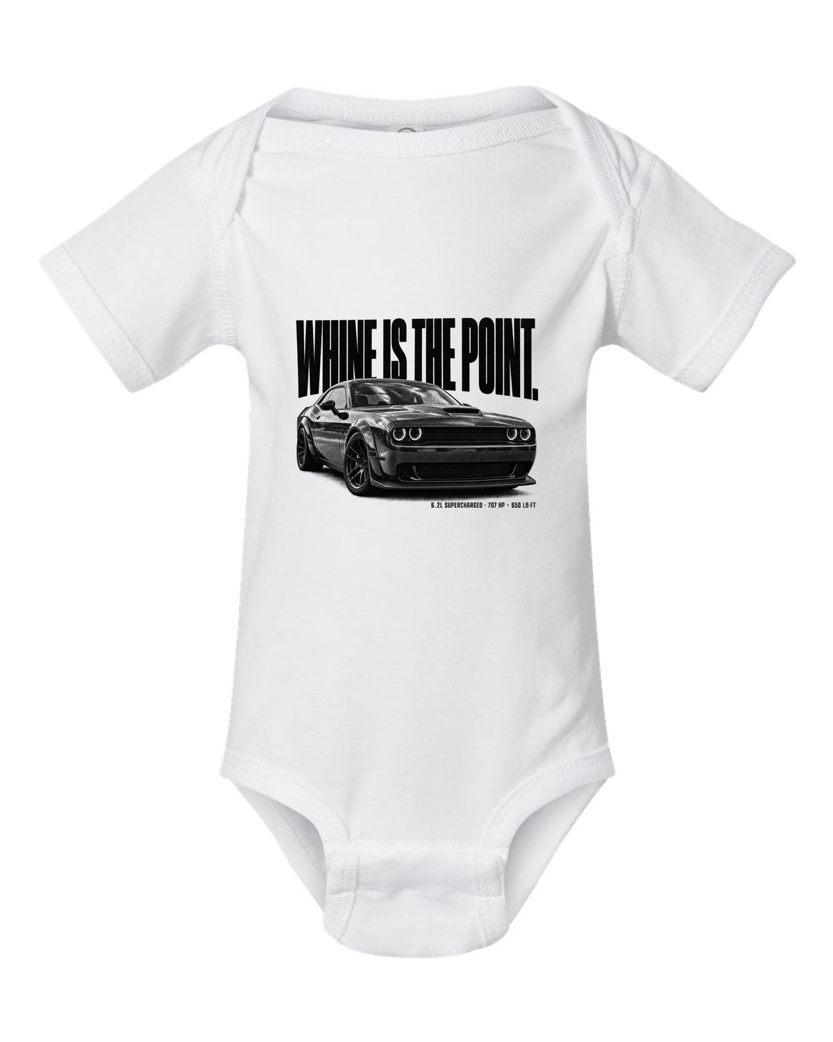 Halftone statement print of a 2018 Dodge Challenger Hellcat with whine is the point text white baby onesie front view with the design