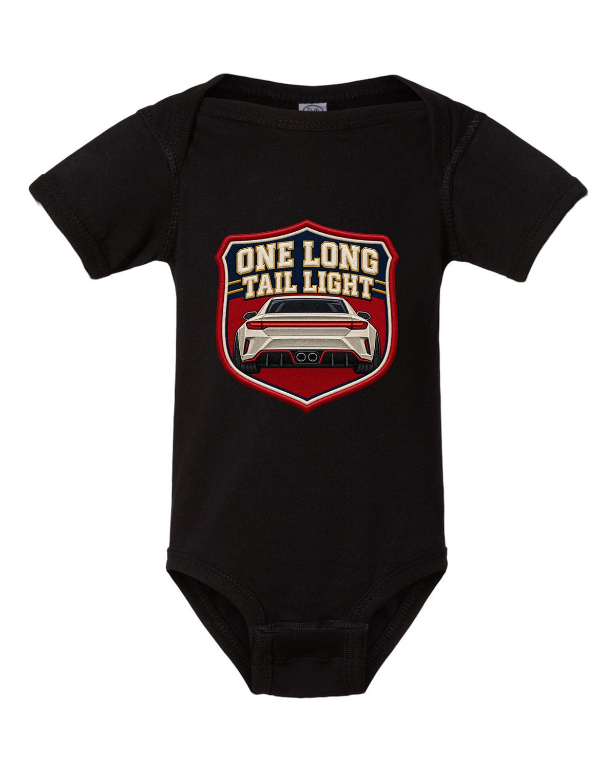 Embroidery varsity crest print of a Hyundai Elantra N CN7 rear with one long tail light text black baby onesie front view with the design