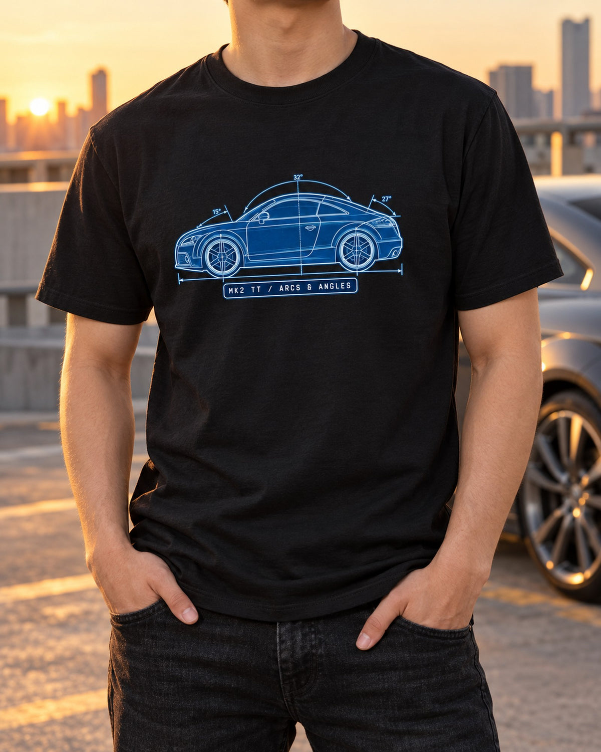 Audi TT 8J Mk2 Cyanotype Blueprint Shirt, Arcs and Angles T-Shirt Black worn hero