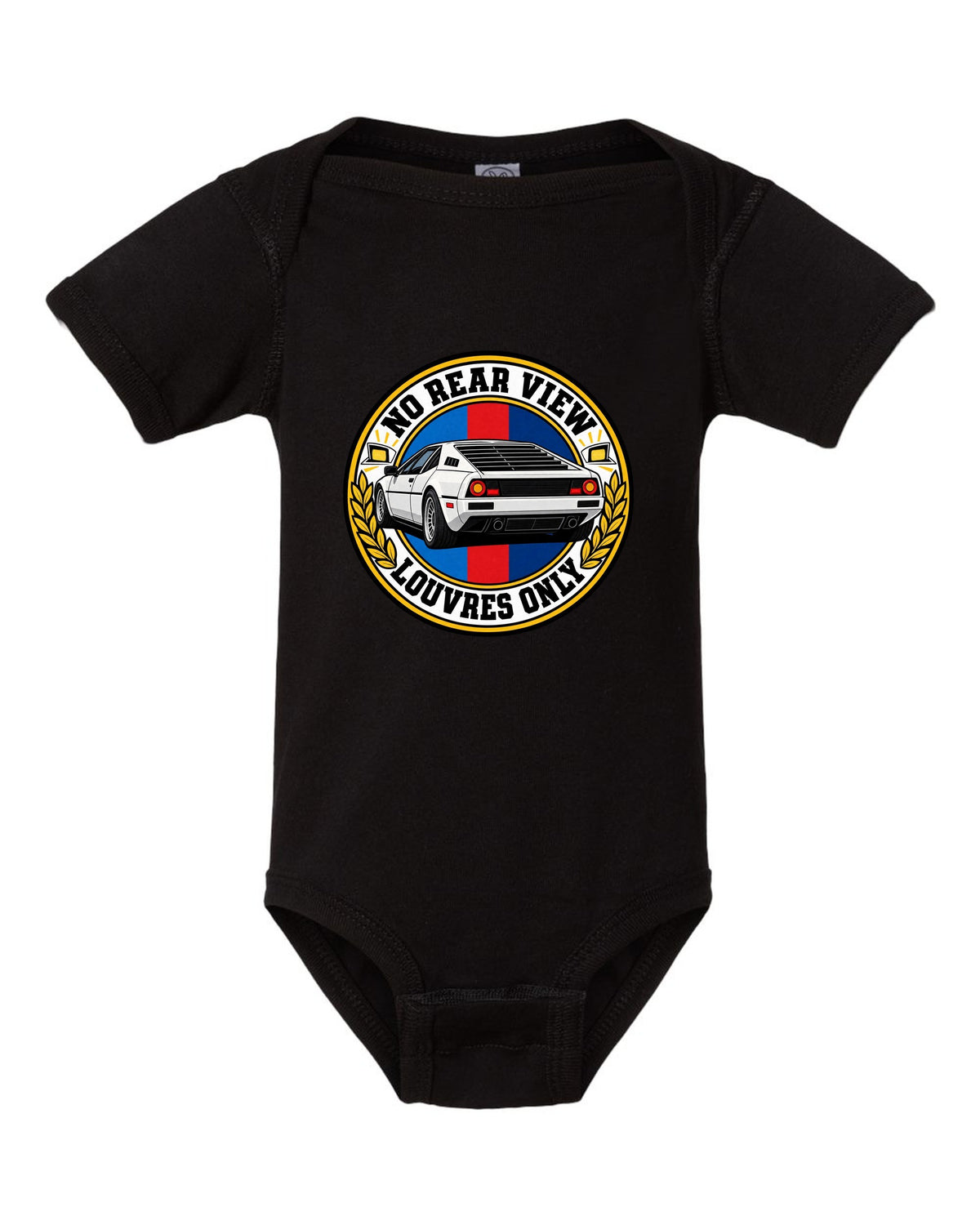 Stencil spray-paint print of a BMW 1 Series M Coupe E82 with N54 wastegate text black baby onesie front view with the design