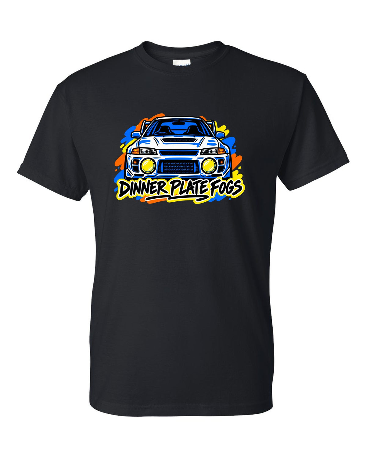 Mitsubishi Lancer Evolution IV CN9A mono-line sketch, DINNER PLATE FOGS black t-shirt front view with the design