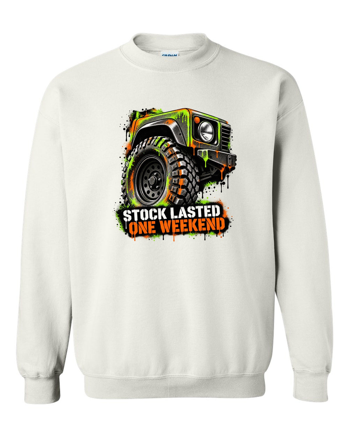 Jeep Wrangler TJ stencil spray street art design reading stock lasted one weekend white crewneck front view with the design