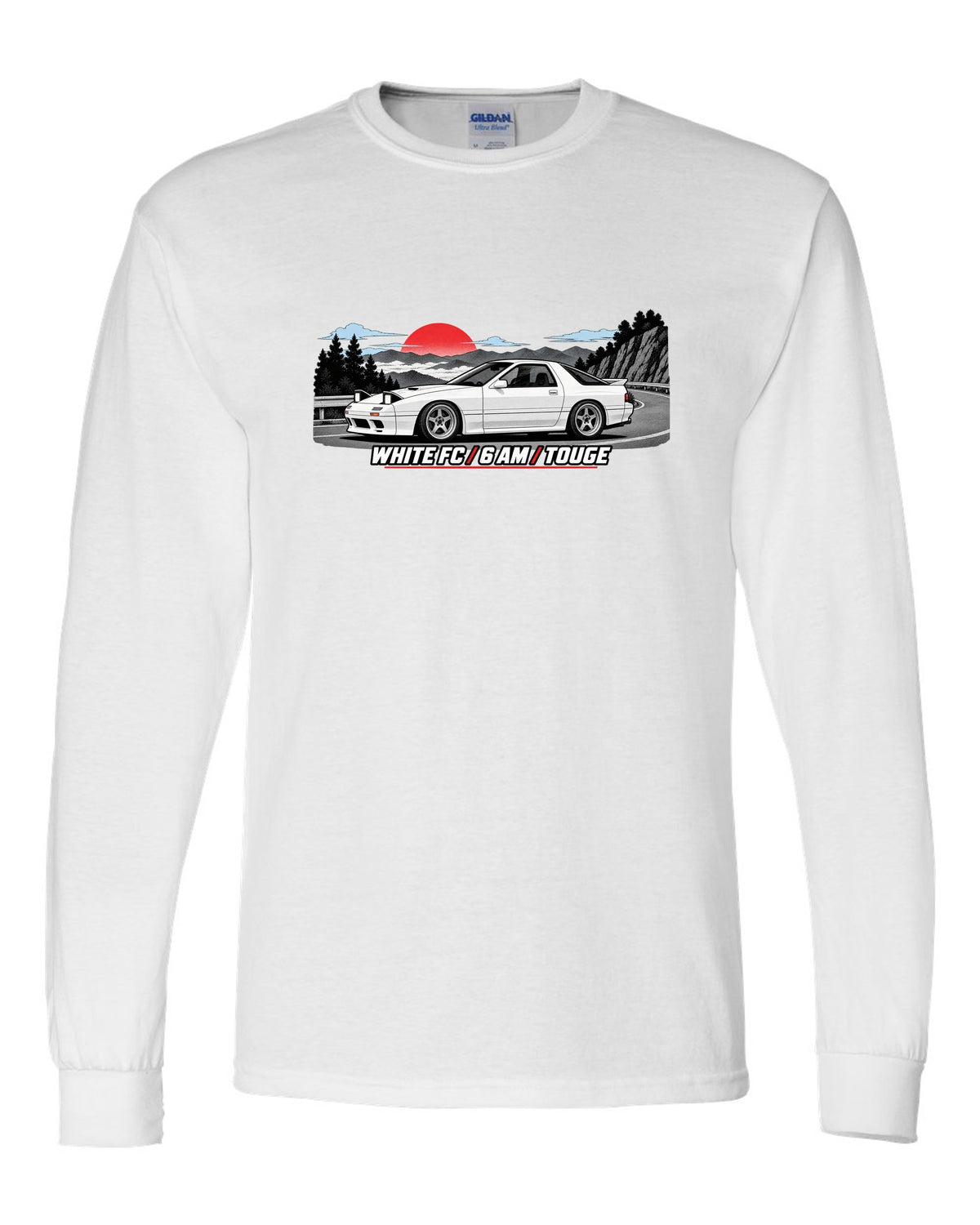 Pixel art print of a Mazda RX-7 SA22C with the text Compression, W's T white long sleeve front view with the design