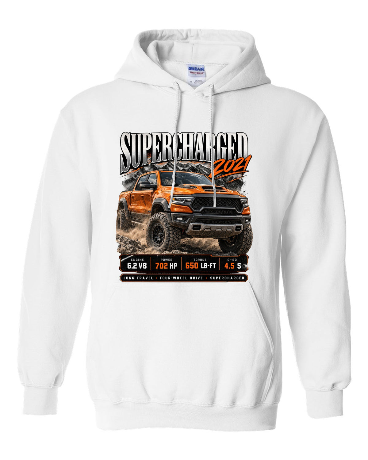 Archive panel of a 2021 Ram 1500 TRX with 702 HP and 650 lb-ft supercharged white pull over hoodie front view with the design