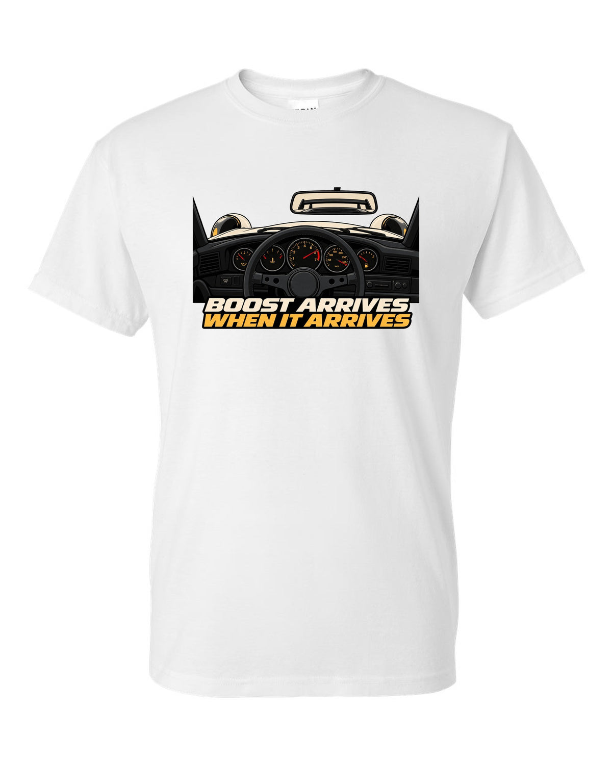 Gauge cockpit vector print of a 1993 Porsche 911 Turbo 964 with Boost Arrives When It Arrives lettering white t-shirt front view with the design