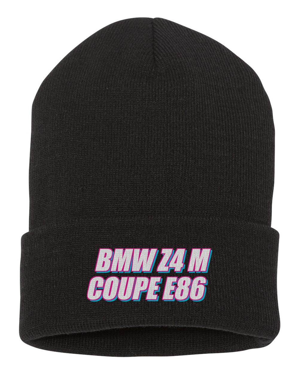 Bmw Z4 M Coupe E86 black beanie front view with car name