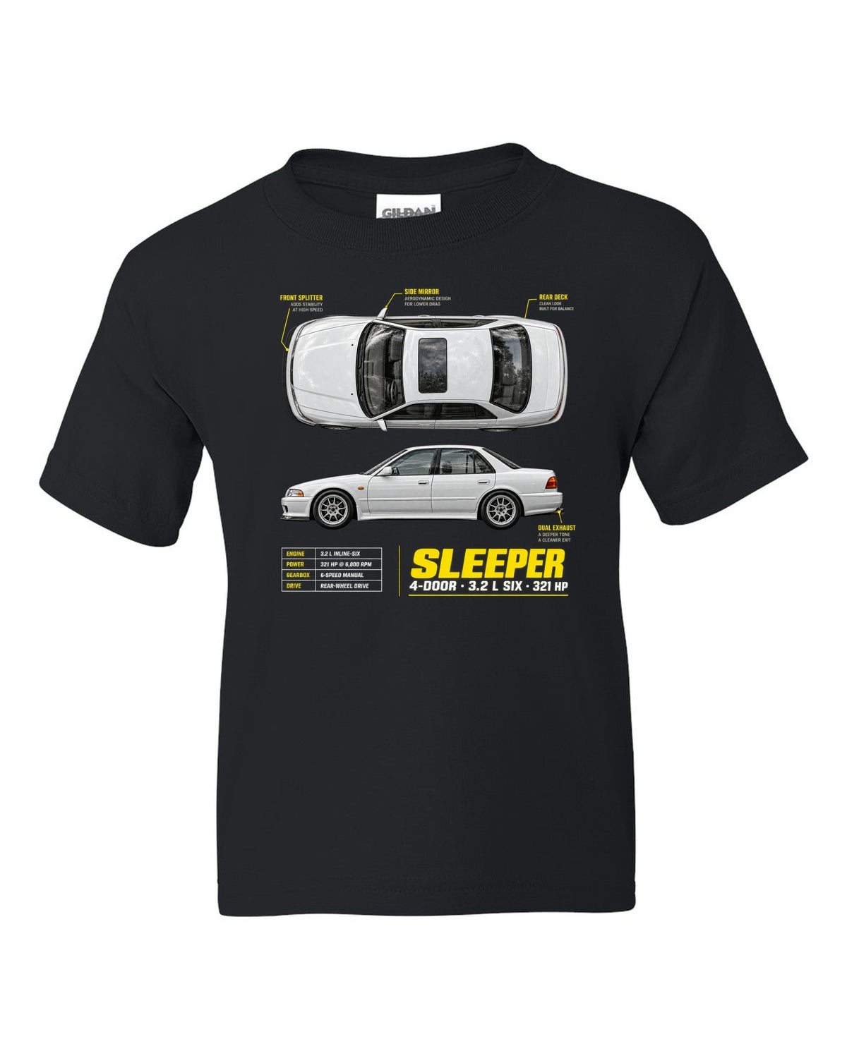 BMW E36 M3 sedan spec poster print with sleeper 4-door 3.2 L six and 321 HP text black kids tee front view with the design