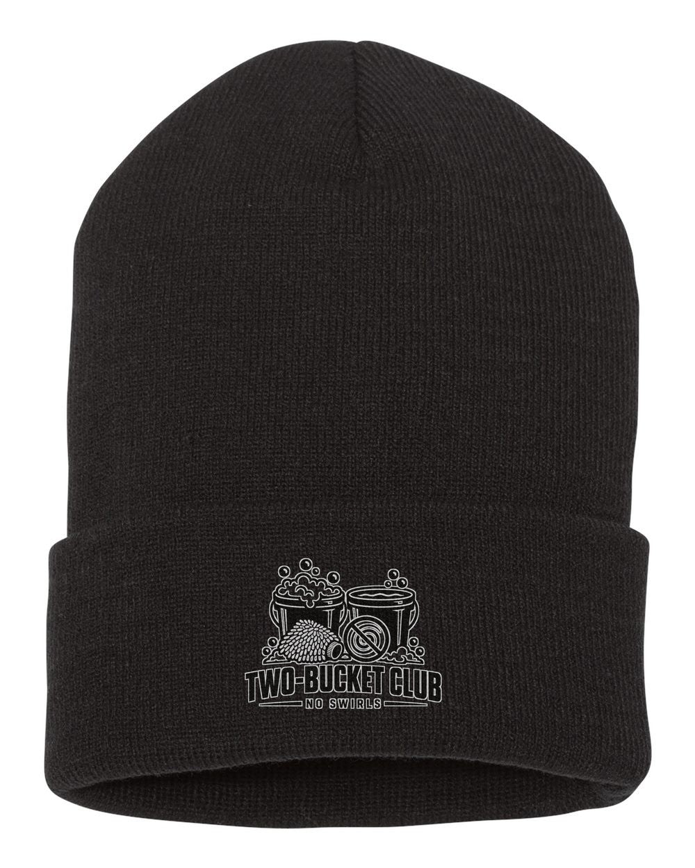 Two Bucket Method No Swirls Car Wash Shirt For Car Guys black beanie front view with car name