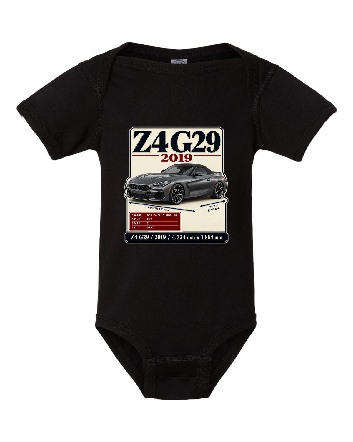 Archive plate print of the BMW Z4 G29 M40i First Edition with 2019 and dimensions black baby onesie front view with the design