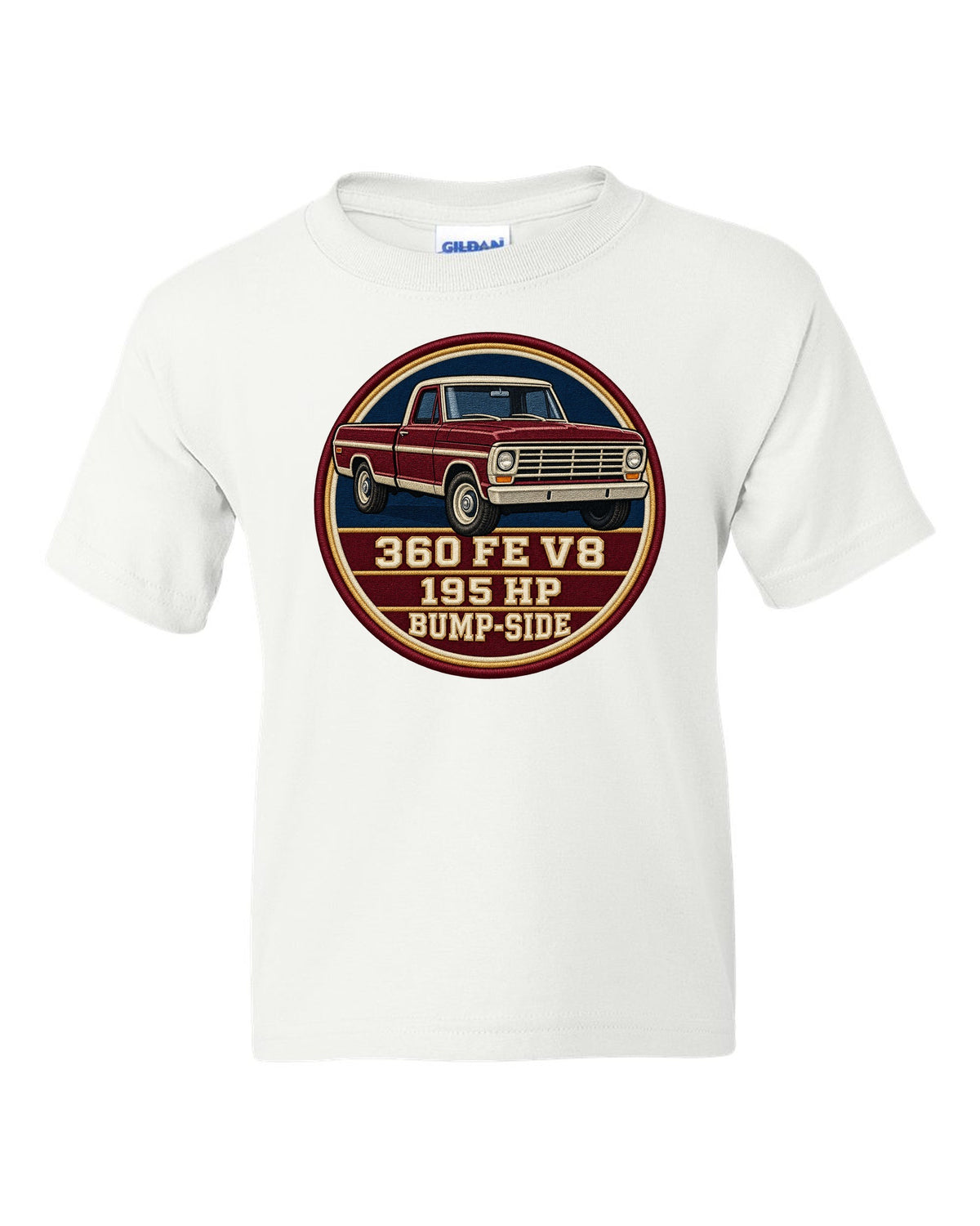 Bump-Side Ford F-Series 1967-72 Crest print Tee white kids tee front view with the design