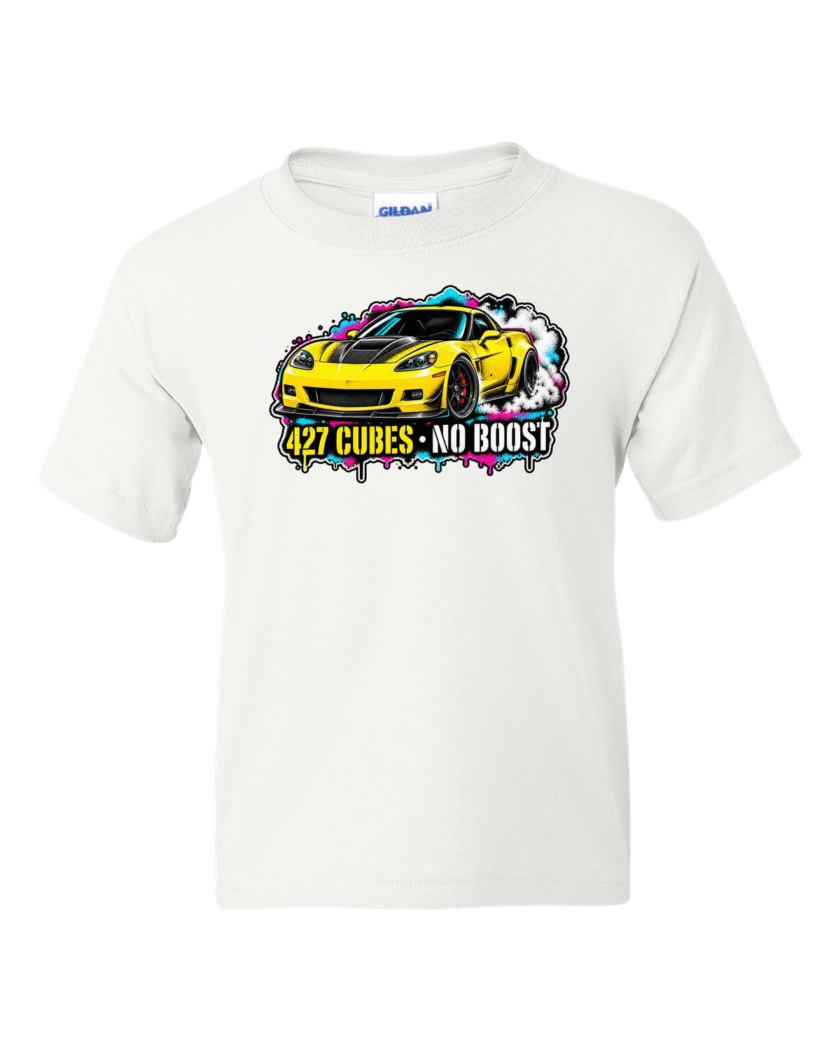 Stencil spray street art print of a 2006 Chevrolet Corvette C6 Z06 with 427 cubes no boost lettering white kids tee front view with the design