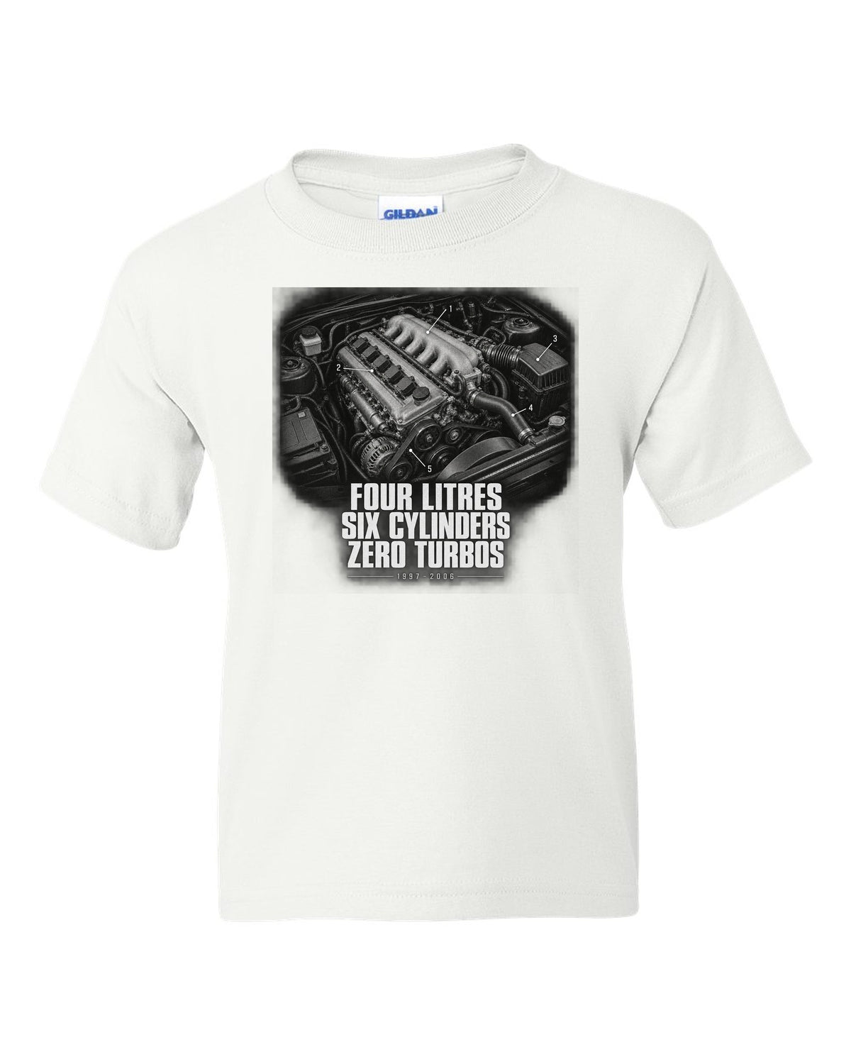 Engine hero print for the Jeep Wrangler TJ, Four Litres Six Cylinders Zero Turbos white kids tee front view with the design