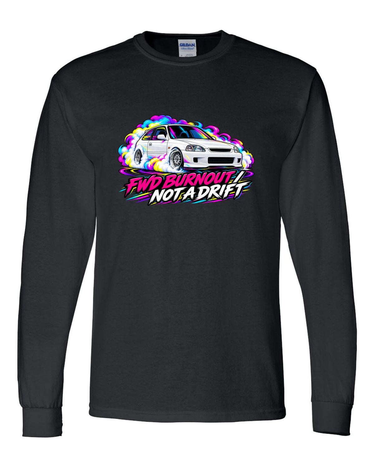 Neon pop style print of a Honda Civic Type R EK9 doing a FWD burnout with not a drift text black long sleeve front view with the design